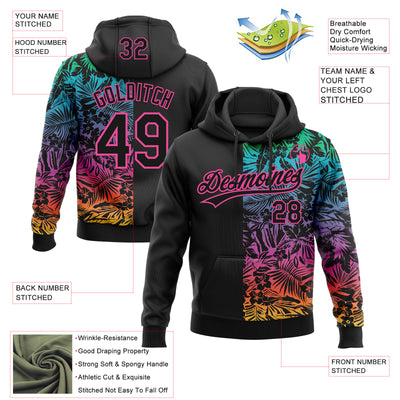 Custom Stitched Black Pink Tropical Hawaii Palm Leaves Sports Pullover Sweatshirt Hoodie