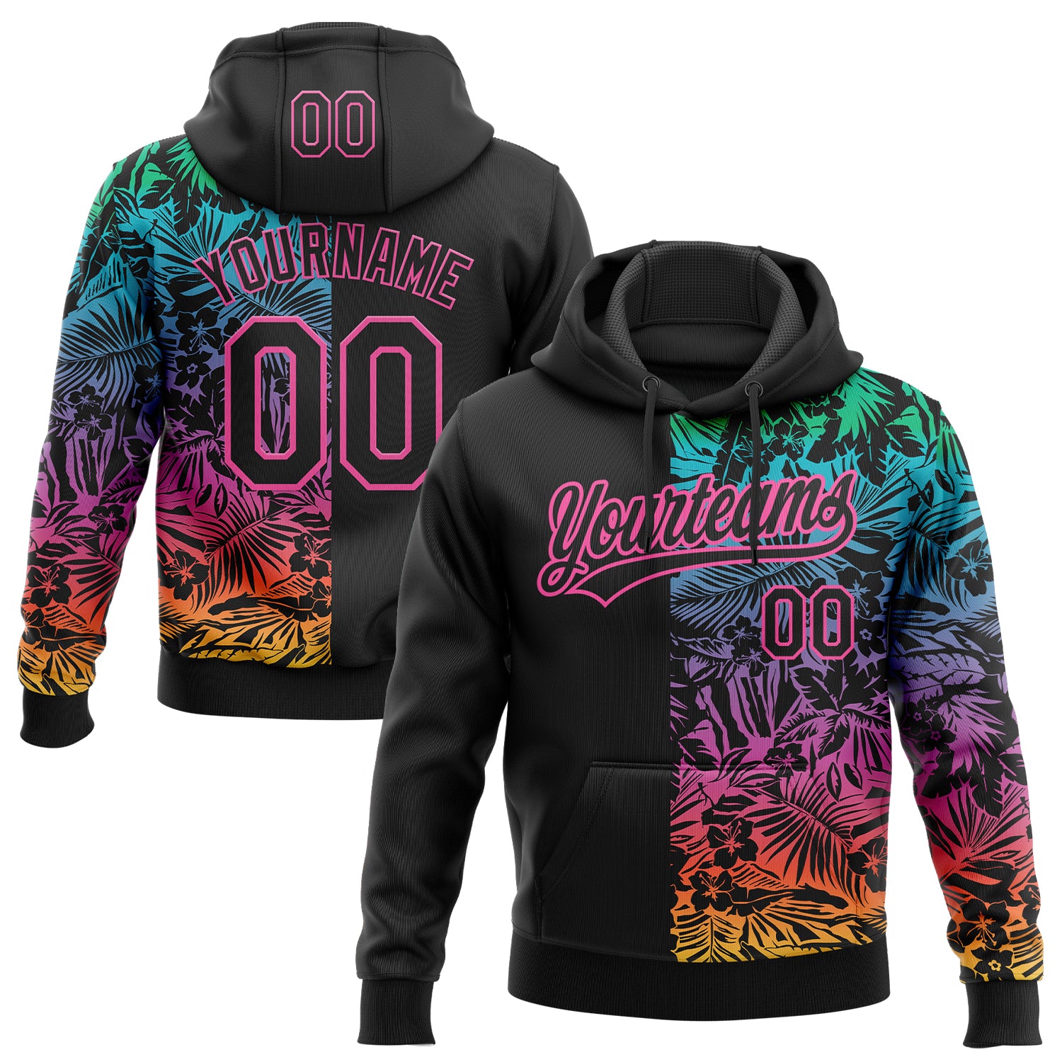 Custom Stitched Black Pink Tropical Hawaii Palm Leaves Sports Pullover Sweatshirt Hoodie