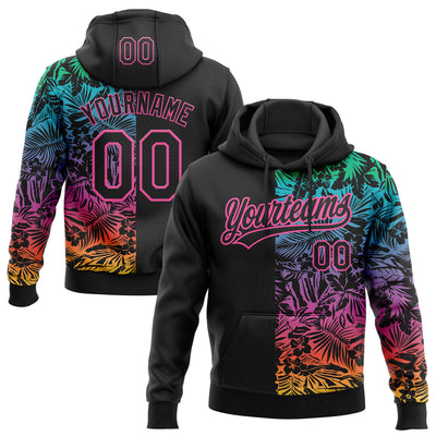Custom Stitched Black Pink Tropical Hawaii Palm Leaves Sports Pullover Sweatshirt Hoodie