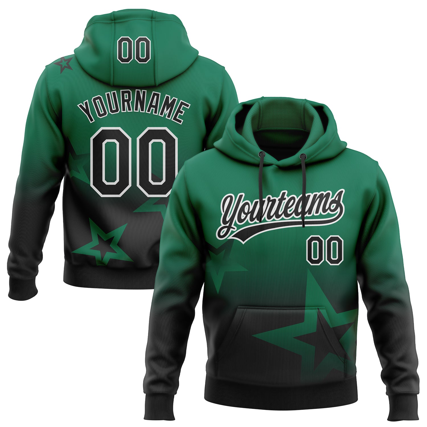 Custom Stitched Kelly Green Black-White Gradient Style Twinkle Star Sports Pullover Sweatshirt Hoodie