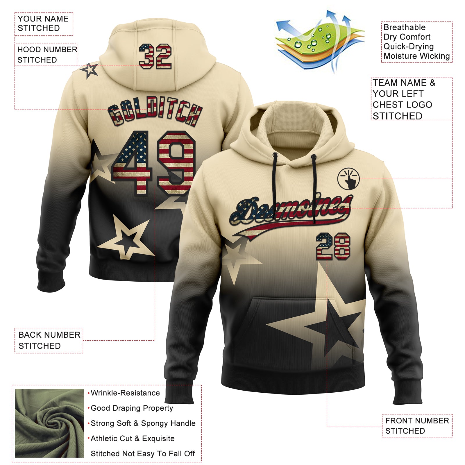 Custom Stitched Cream Vintage USA Flag-Black Gradient Style Twinkle Star Sports Pullover Sweatshirt Hoodie