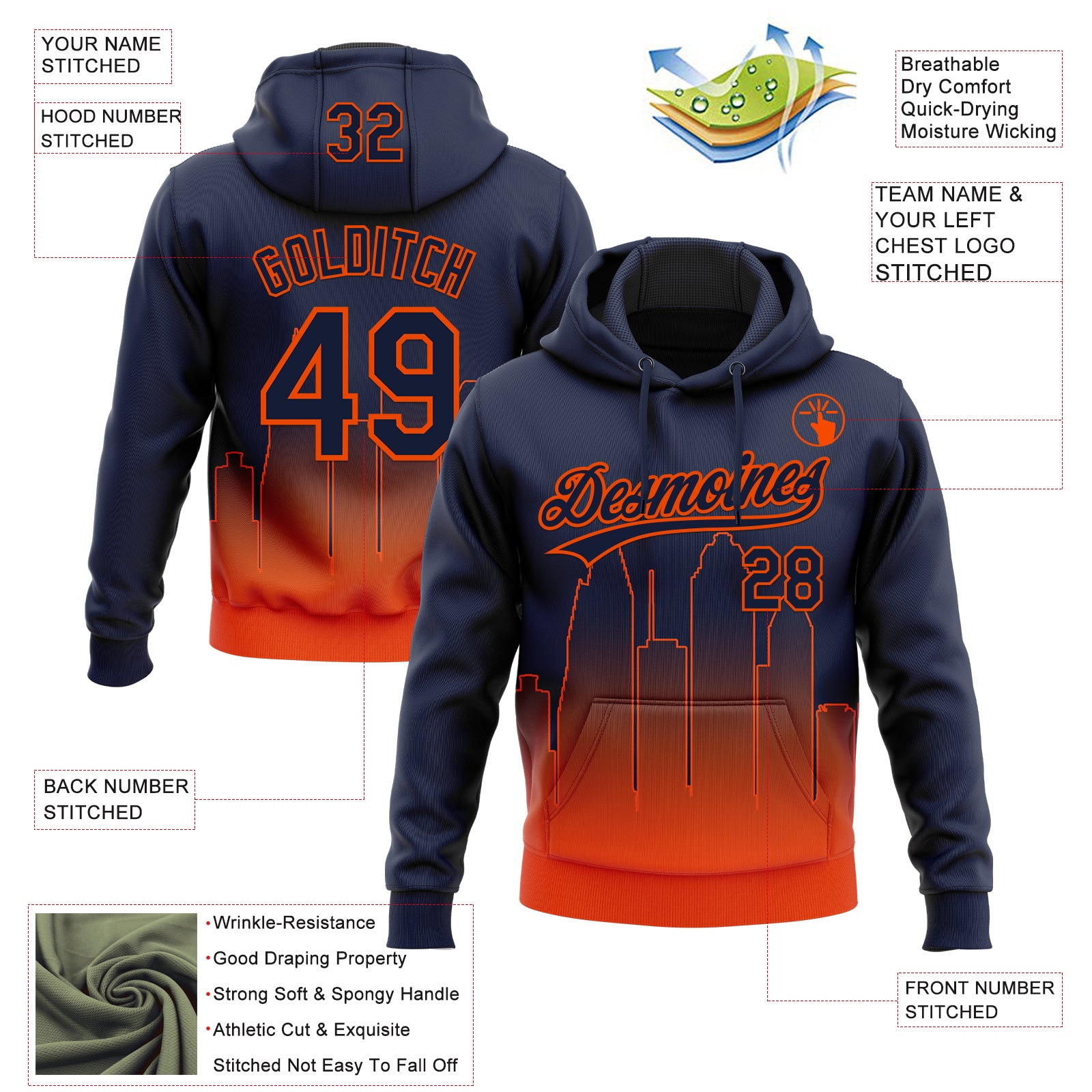 Custom Stitched Navy Orange Gradient Fashion Houston City Edition Sports Pullover Sweatshirt Hoodie