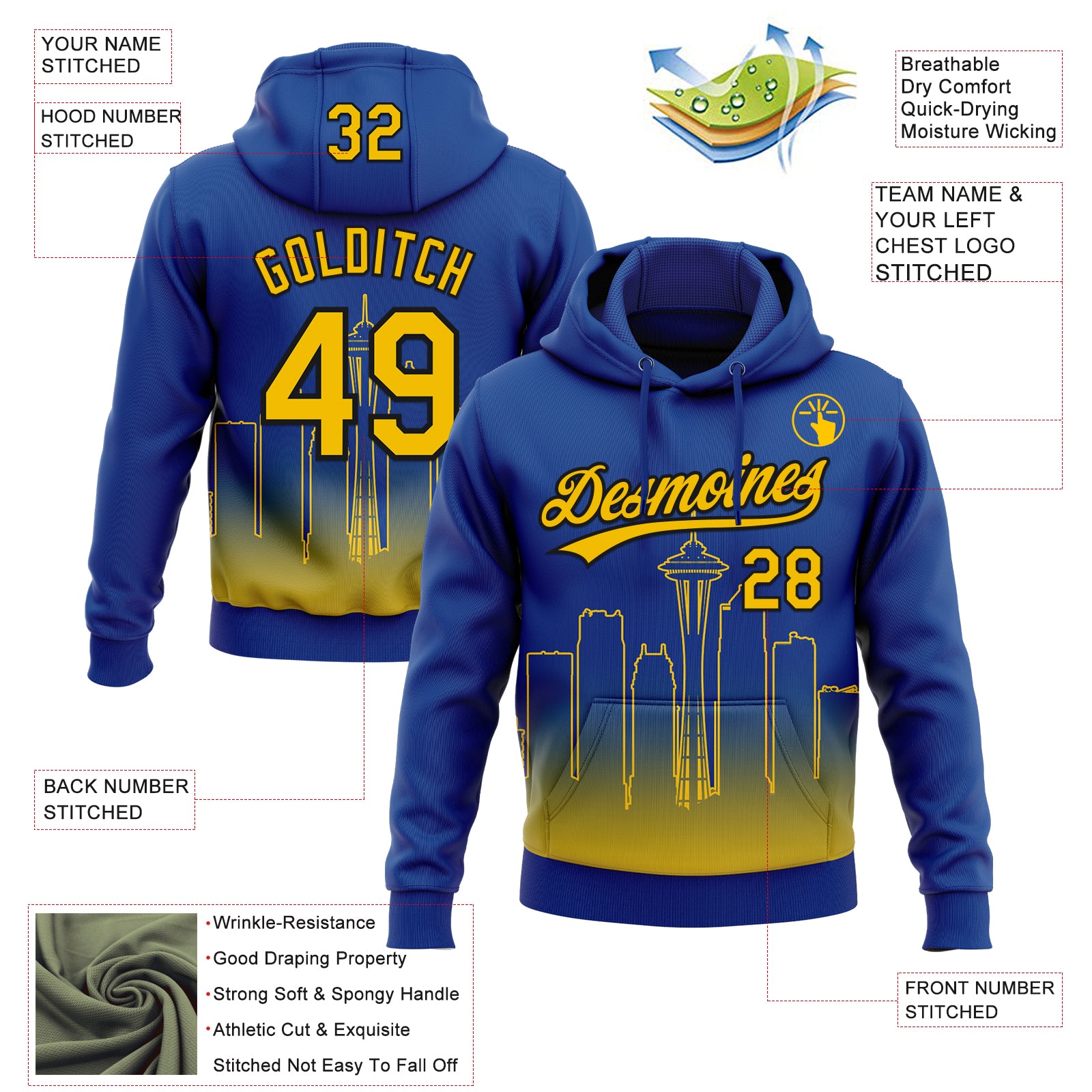 Custom Stitched Royal Yellow-Black Gradient Fashion Seattle City Edition Sports Pullover Sweatshirt Hoodie