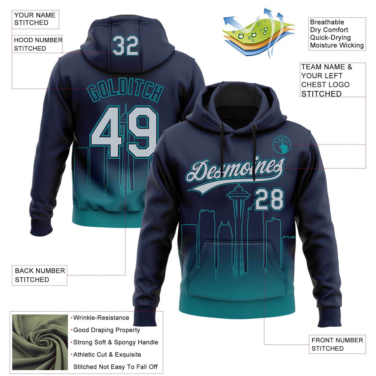Custom Stitched Navy Gray-Teal Gradient Fashion Seattle City Edition Sports Pullover Sweatshirt Hoodie