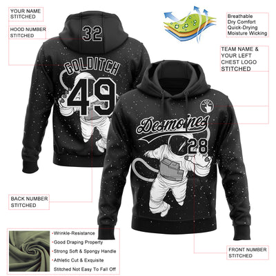 Custom Stitched Black White Astronaut Sports Pullover Sweatshirt Hoodie