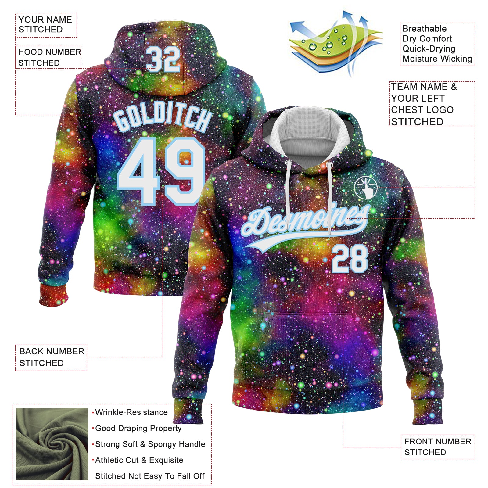 Custom Stitched Black White-Light Blue Galactic Sports Pullover Sweatshirt Hoodie