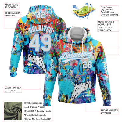 Custom Stitched Graffiti Pattern White-Light Blue Abstract Splash Sports Pullover Sweatshirt Hoodie