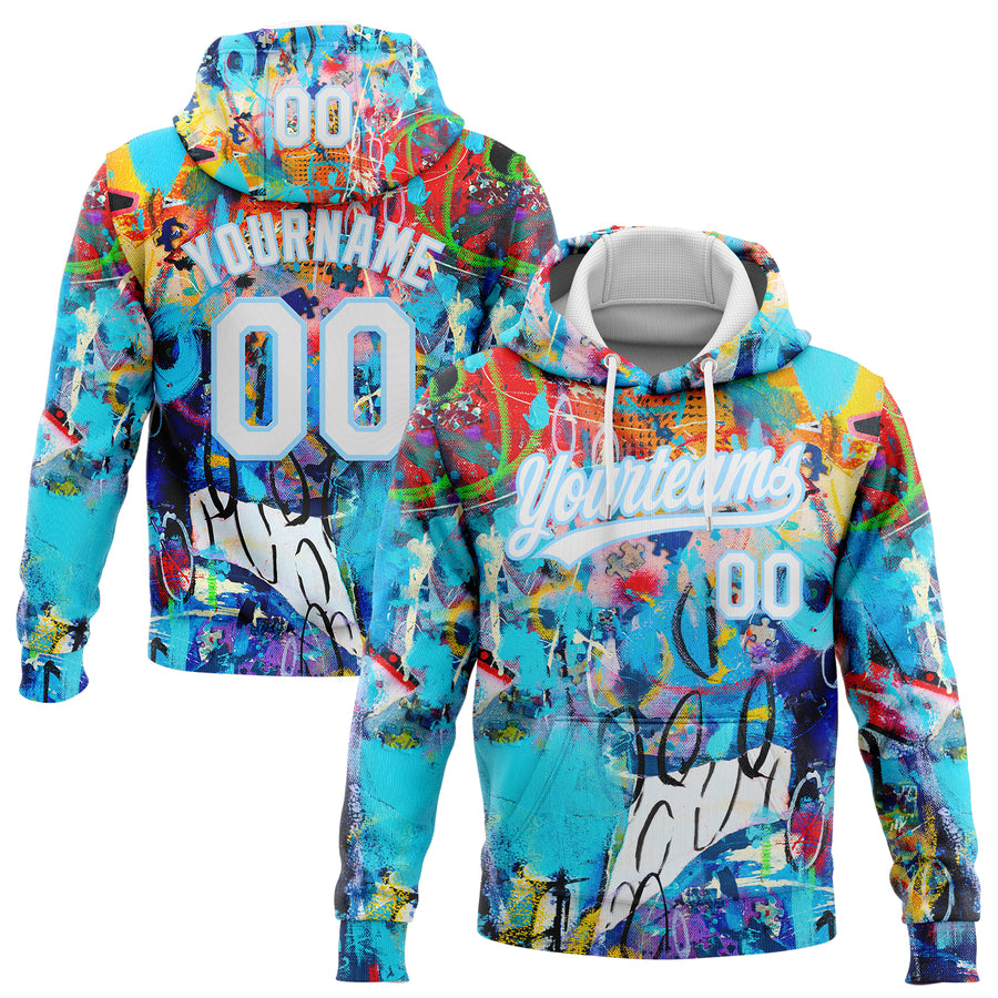 Custom Stitched Graffiti Pattern White-Light Blue Abstract Splash Sports Pullover Sweatshirt Hoodie