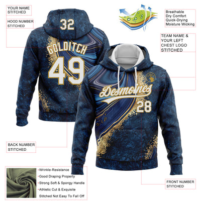 Custom Stitched Navy White-Old Gold Abstract Marble Sports Pullover Sweatshirt Hoodie