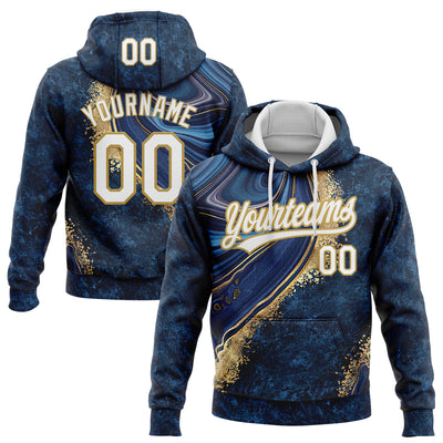 Custom Stitched Navy White-Old Gold Abstract Marble Sports Pullover Sweatshirt Hoodie