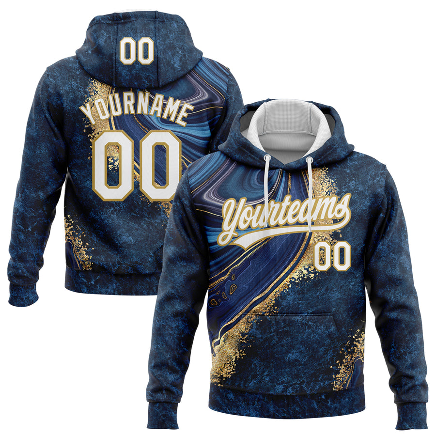 Custom Stitched Navy White-Old Gold Abstract Marble Sports Pullover Sweatshirt Hoodie
