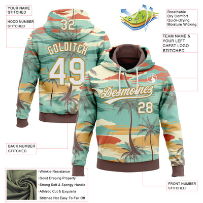 Custom Stitched Green White Brown-Old Gold Cartoon Hawaii Palm Trees Sports Pullover Sweatshirt Hoodie