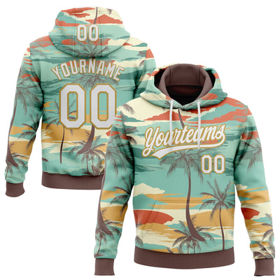 Custom Stitched Green White Brown-Old Gold Cartoon Hawaii Palm Trees Sports Pullover Sweatshirt Hoodie