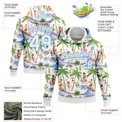 Custom Stitched White Light Blue Hawaii Palm Trees Sports Pullover Sweatshirt Hoodie