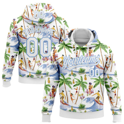 Custom Stitched White Light Blue Hawaii Palm Trees Sports Pullover Sweatshirt Hoodie
