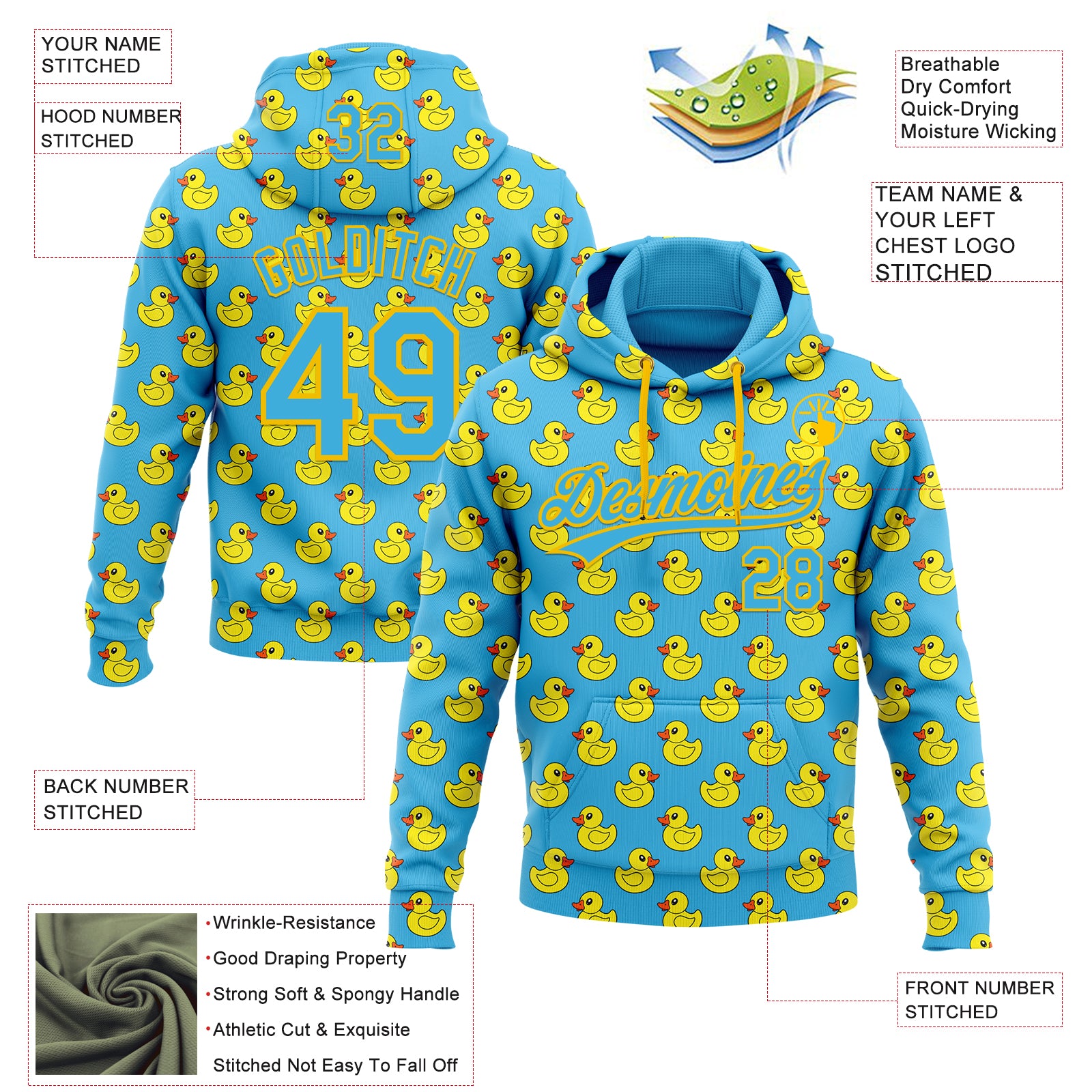 Custom Stitched Sky Blue Yellow Animal Duck Sports Pullover Sweatshirt Hoodie