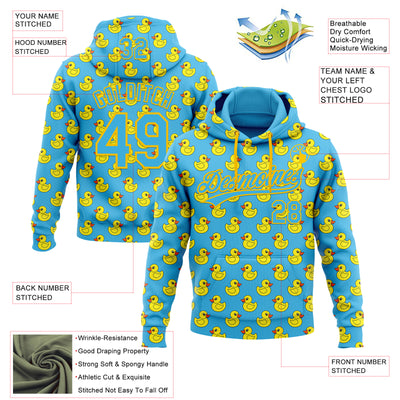 Custom Stitched Sky Blue Yellow Animal Duck Sports Pullover Sweatshirt Hoodie
