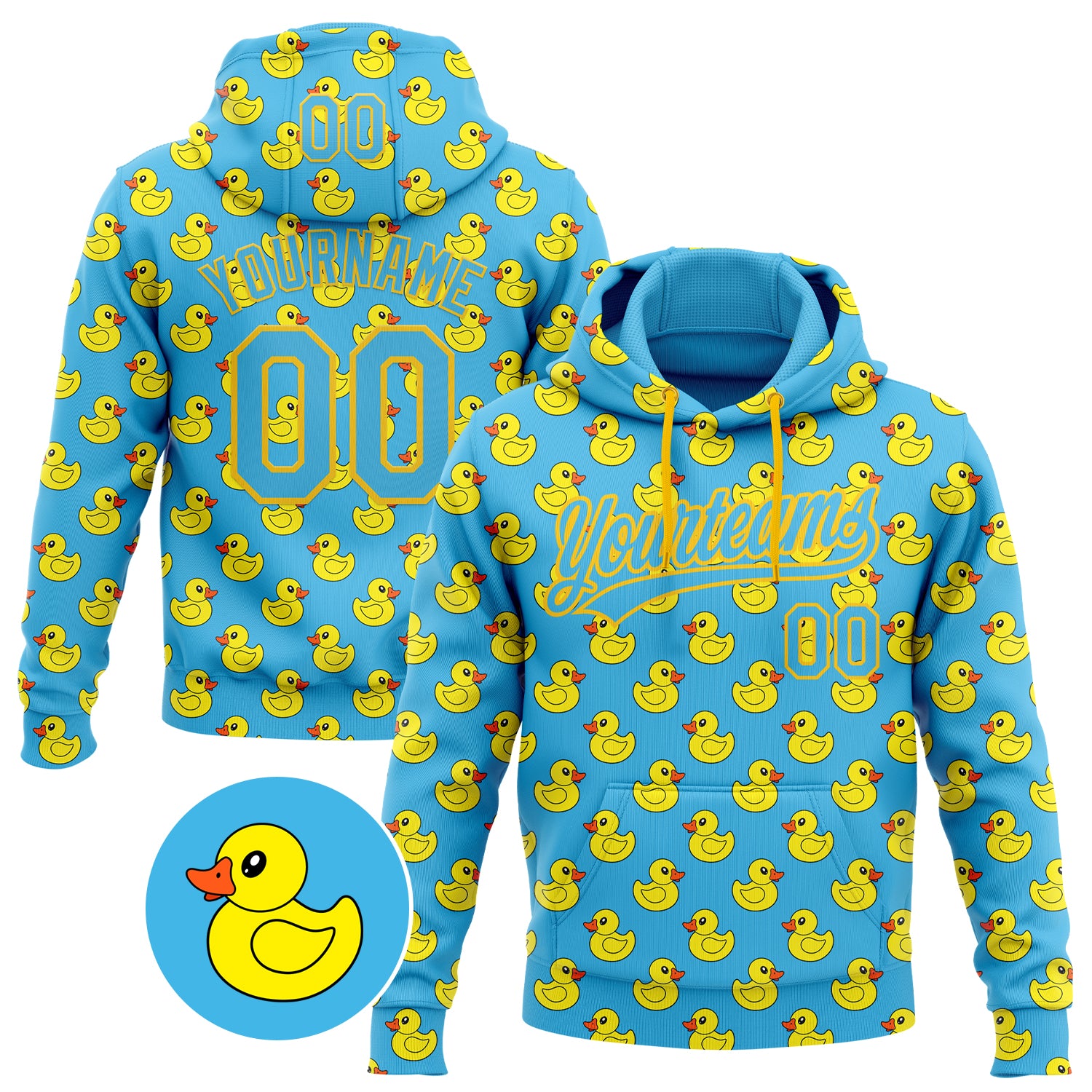 Custom Stitched Sky Blue Yellow Animal Duck Sports Pullover Sweatshirt Hoodie