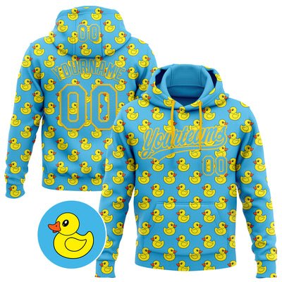 Custom Stitched Sky Blue Yellow Animal Duck Sports Pullover Sweatshirt Hoodie
