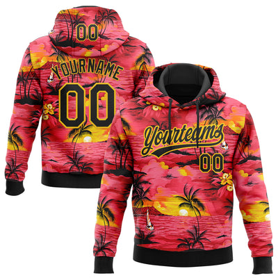 Custom Stitched Red Black-Yellow Sun Beach Hawaii Palm Trees Sports Pullover Sweatshirt Hoodie