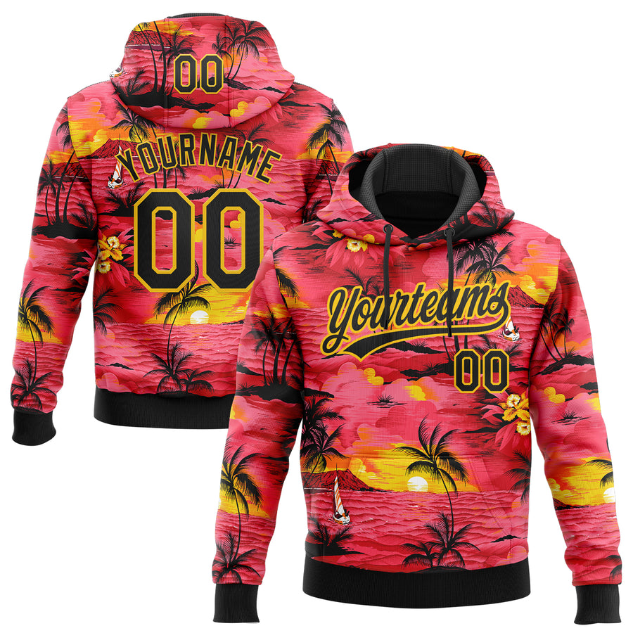 Custom Stitched Red Black-Yellow Sun Beach Hawaii Palm Trees Sports Pullover Sweatshirt Hoodie