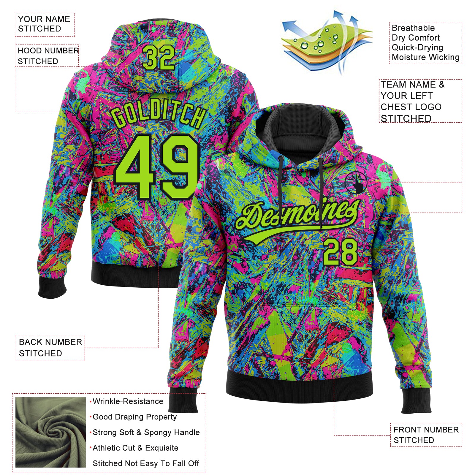 Custom Stitched Graffiti Pattern Neon Green-Black Abstract Splatter Sports Pullover Sweatshirt Hoodie