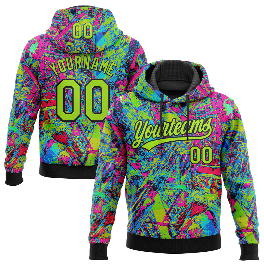 Custom Stitched Graffiti Pattern Neon Green-Black Abstract Splatter Sports Pullover Sweatshirt Hoodie