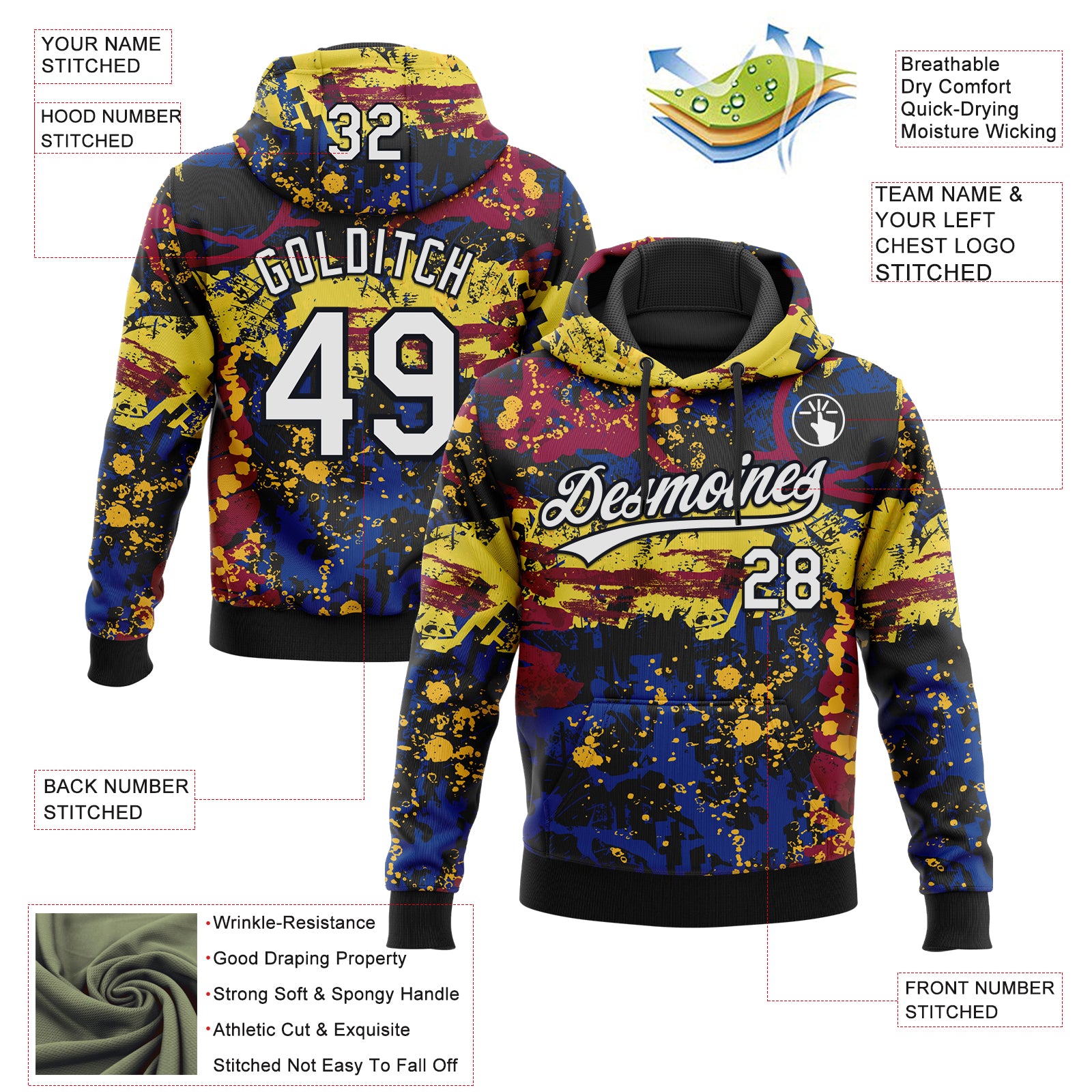 Custom Stitched Graffiti Pattern White-Black Abstract Splatter Sports Pullover Sweatshirt Hoodie