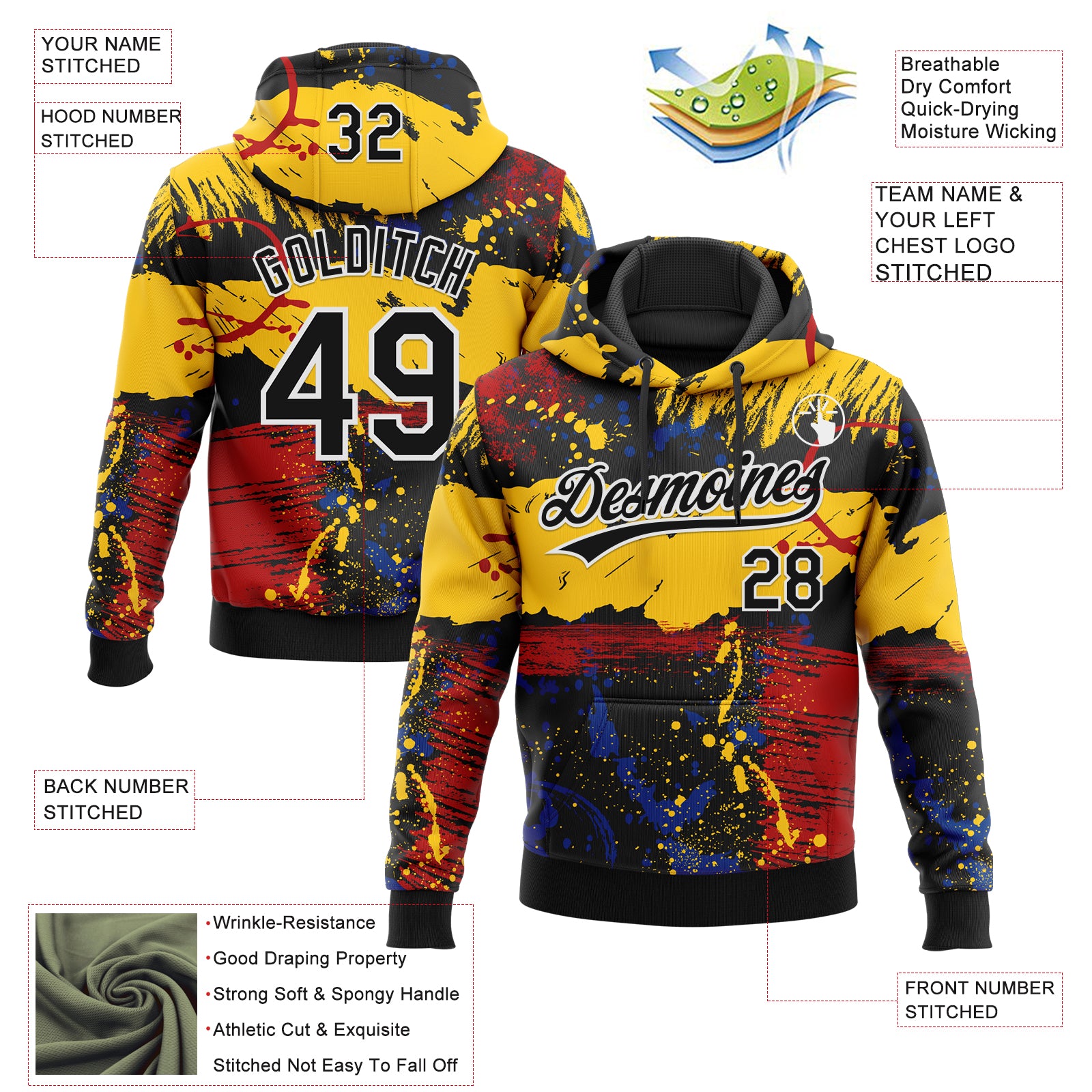 Custom Stitched Graffiti Pattern Black-White Abstract Splatter Sports Pullover Sweatshirt Hoodie