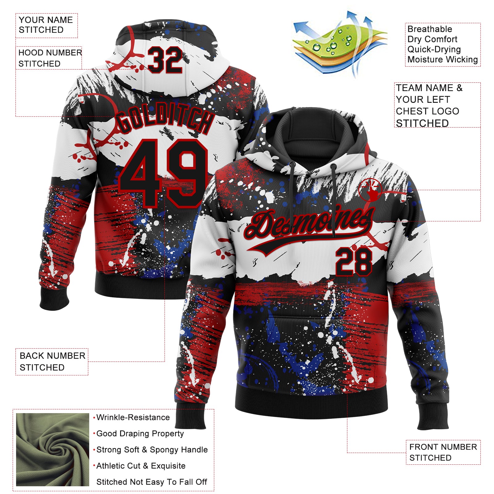 Custom Stitched Graffiti Pattern Black-Red Abstract Splatter Sports Pullover Sweatshirt Hoodie