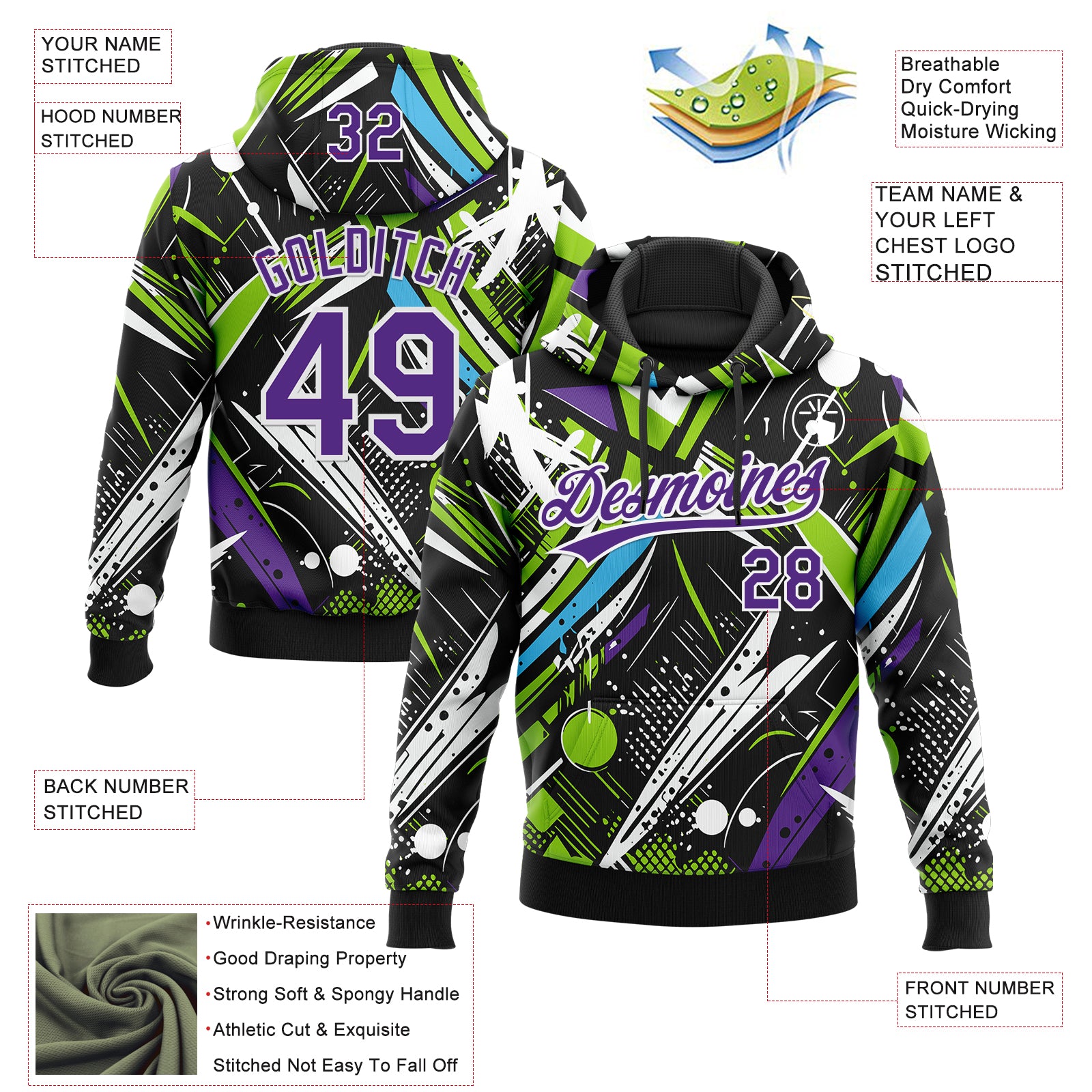 Custom Stitched Graffiti Pattern Purple-White Abstract Splatter Sports Pullover Sweatshirt Hoodie