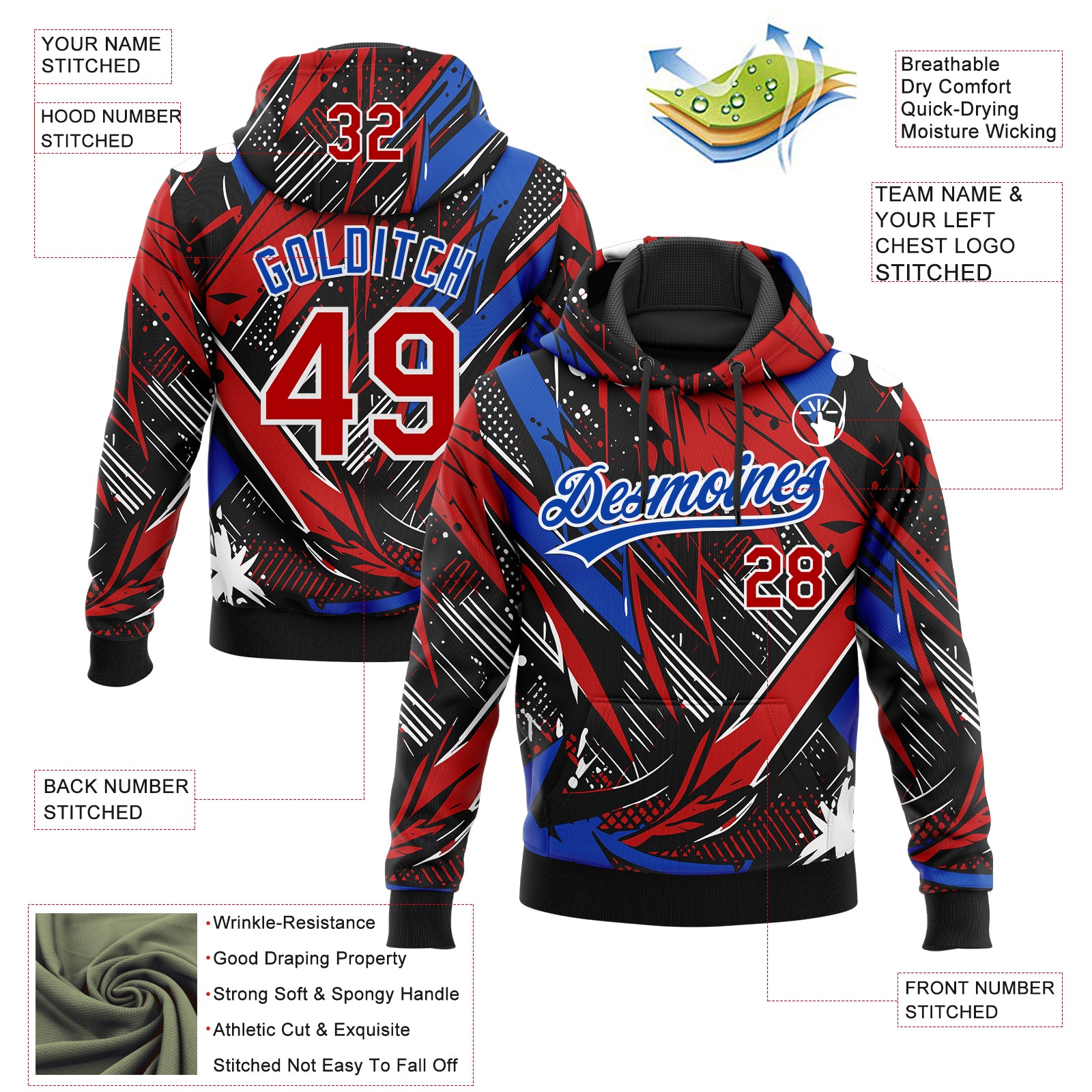 Custom Stitched Graffiti Pattern Red Thunder Blue-White Abstract Splatter Sports Pullover Sweatshirt Hoodie