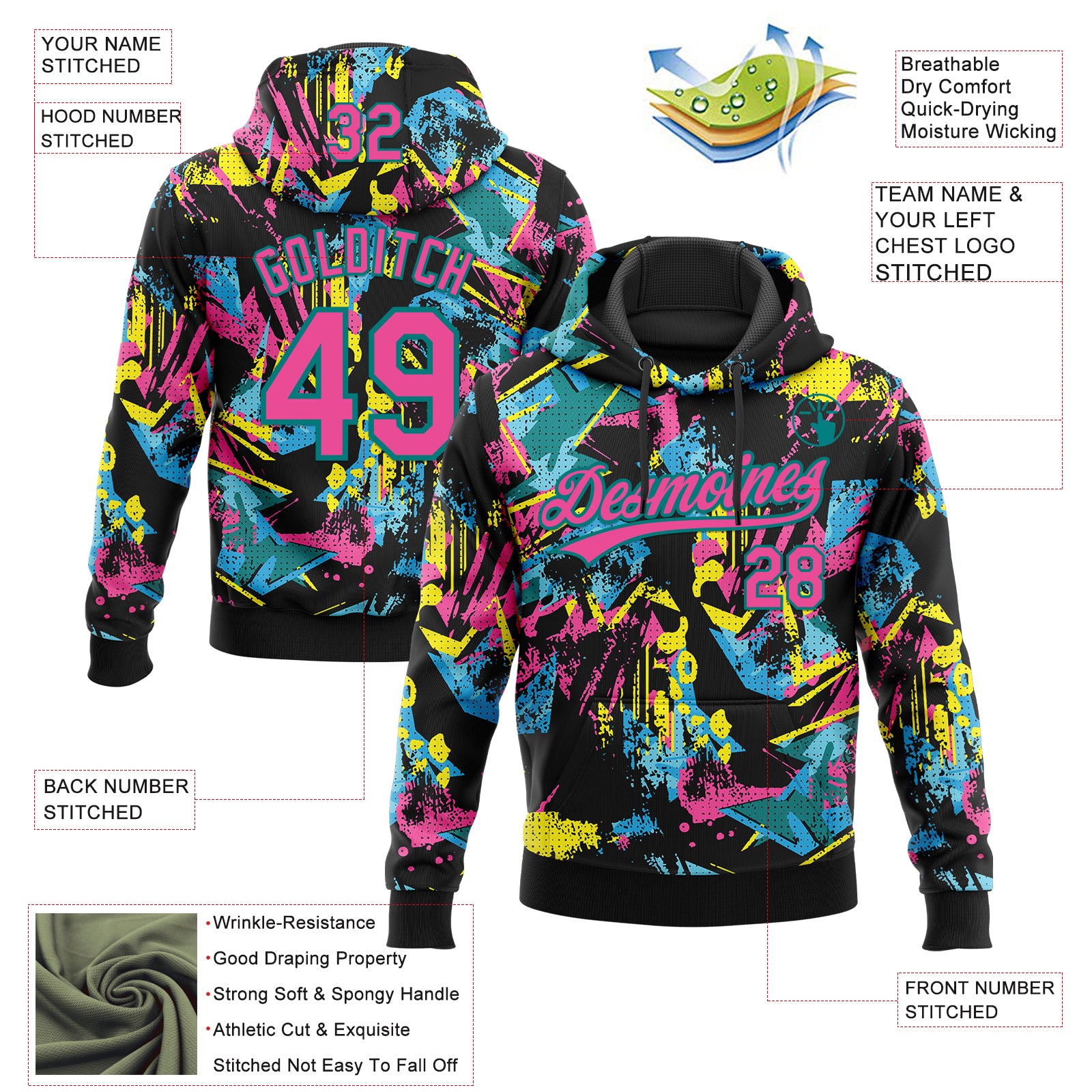Custom Stitched Graffiti Pattern Pink-Teal Abstract Splatter Sports Pullover Sweatshirt Hoodie