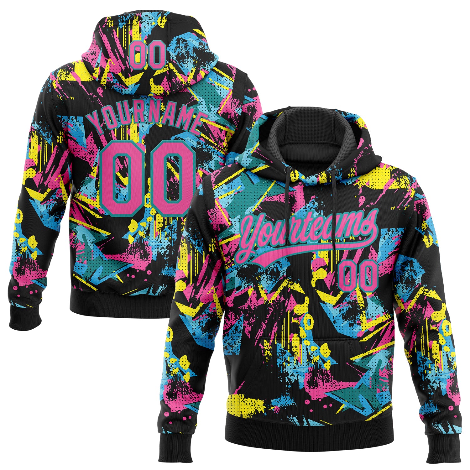 Custom Stitched Graffiti Pattern Pink-Teal Abstract Splatter Sports Pullover Sweatshirt Hoodie