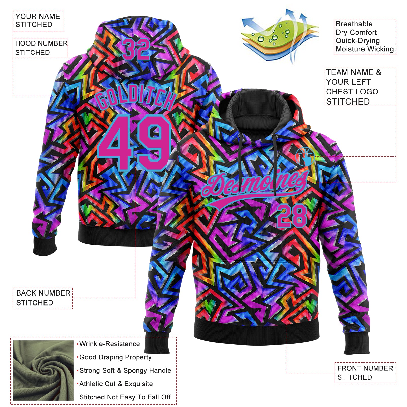 Custom Stitched Graffiti Pattern Hot Pink-Sky Blue Abstract Geometric Sports Pullover Sweatshirt Hoodie