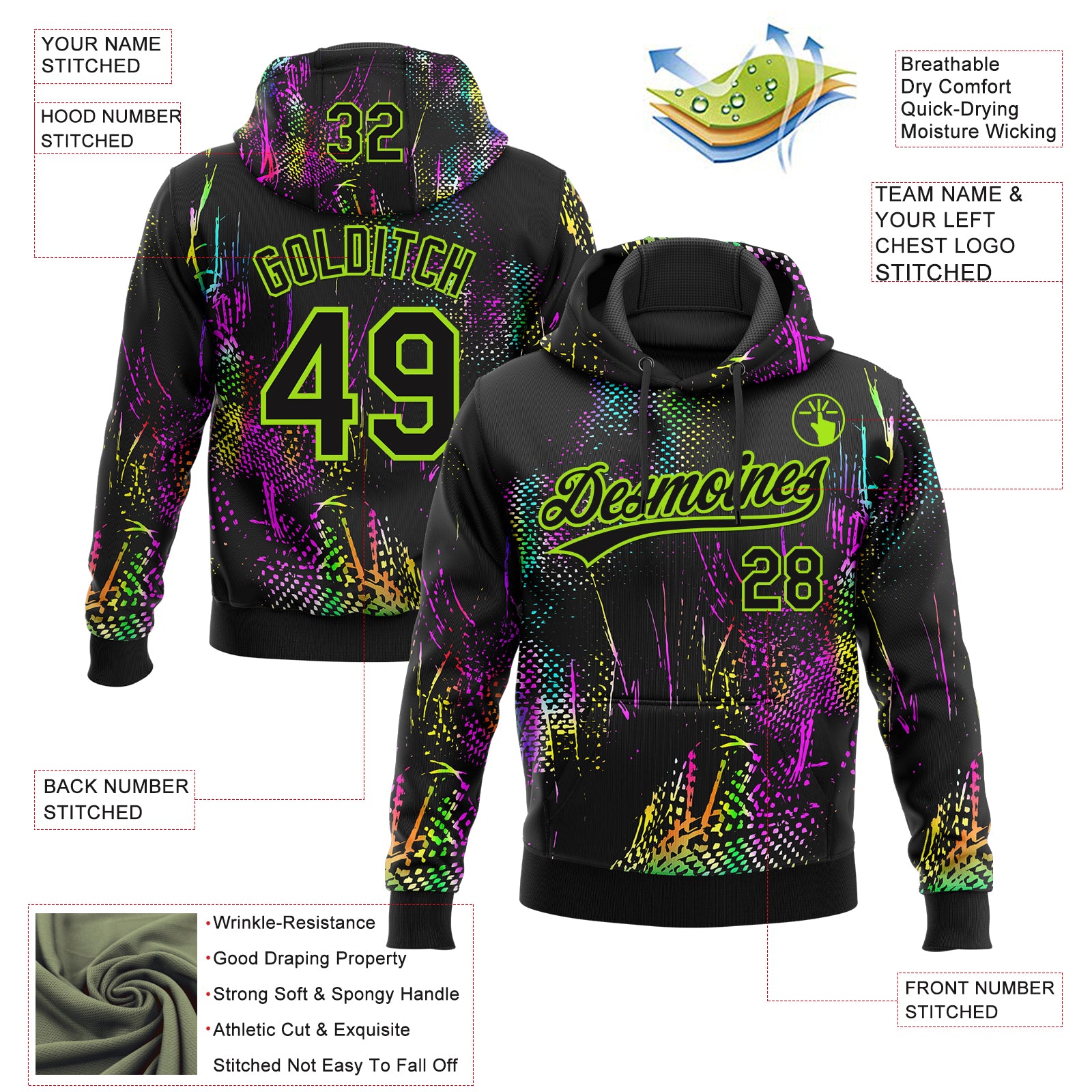 Custom Stitched Black Neon Green Abstract Neon Street Style Sports Pullover Sweatshirt Hoodie