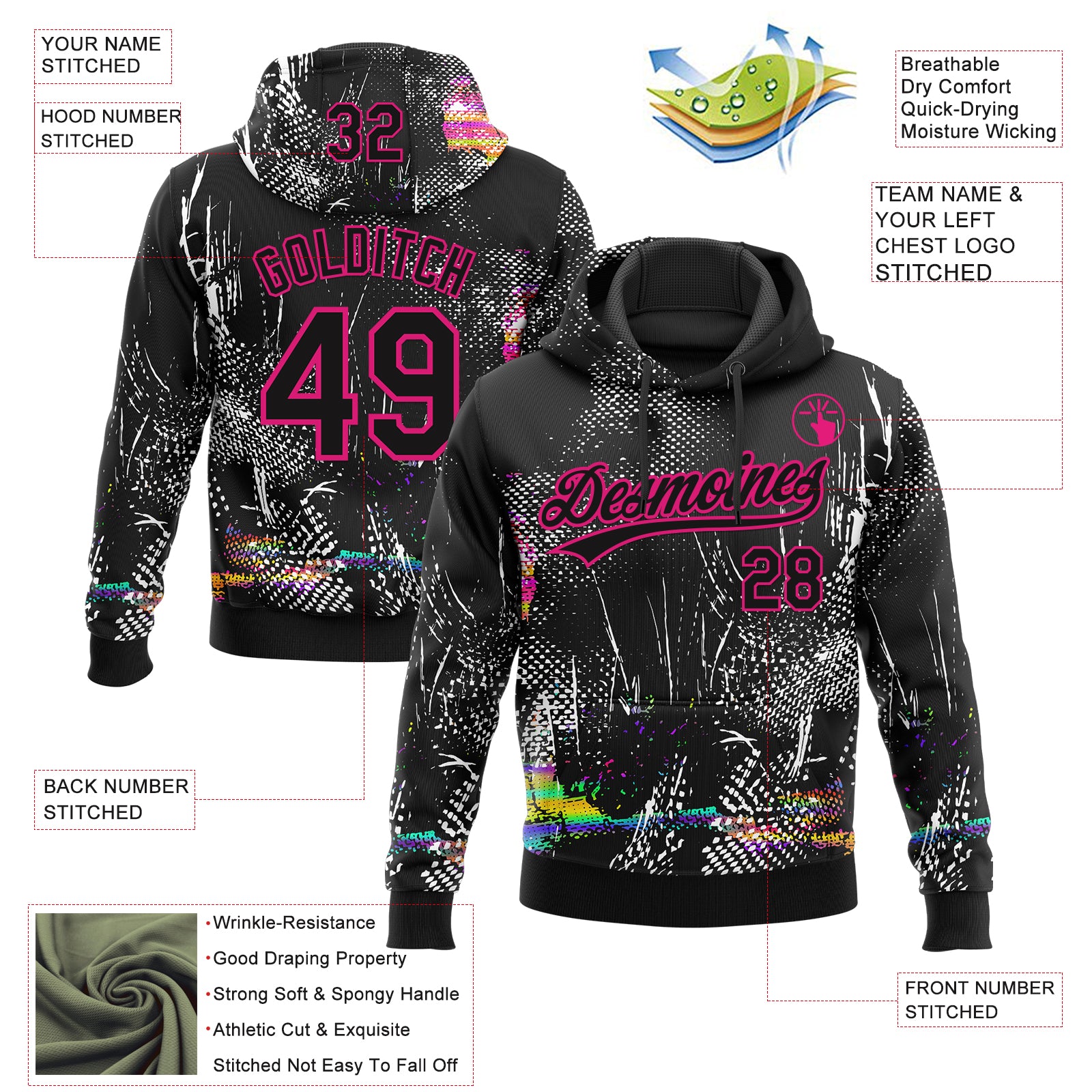 Custom Stitched Black Hot Pink Abstract Neon Street Style Sports Pullover Sweatshirt Hoodie