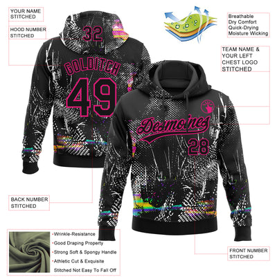 Custom Stitched Black Hot Pink Abstract Neon Street Style Sports Pullover Sweatshirt Hoodie