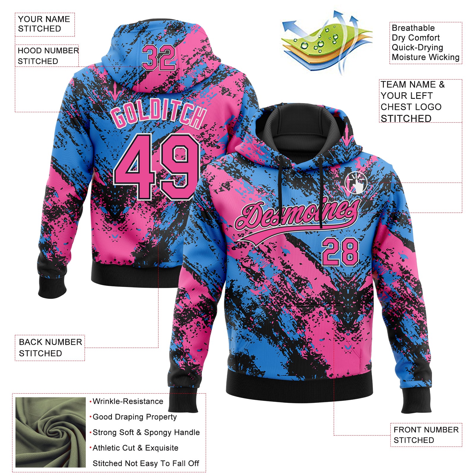Custom Stitched Black Pink Powder Blue-White Abstract Splatter Sports Pullover Sweatshirt Hoodie