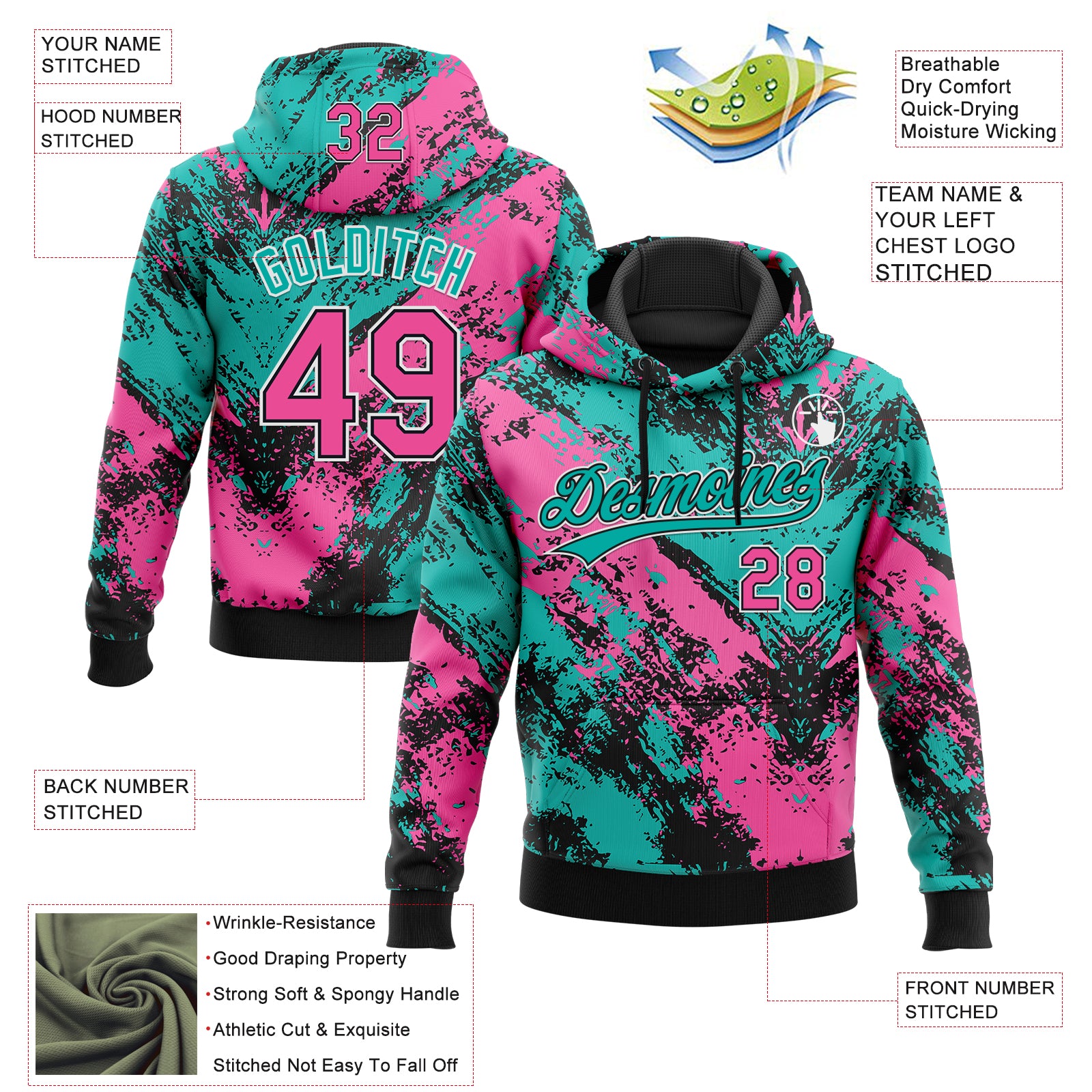 Custom Stitched Black Pink Aqua-White Abstract Splatter Sports Pullover Sweatshirt Hoodie