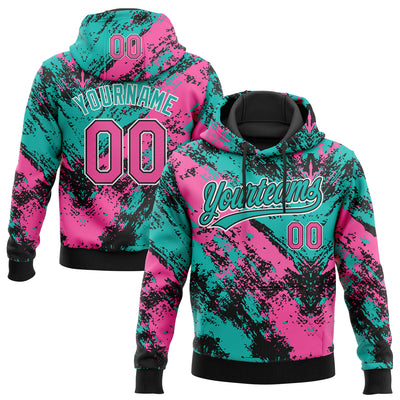 Custom Stitched Black Pink Aqua-White Abstract Splatter Sports Pullover Sweatshirt Hoodie