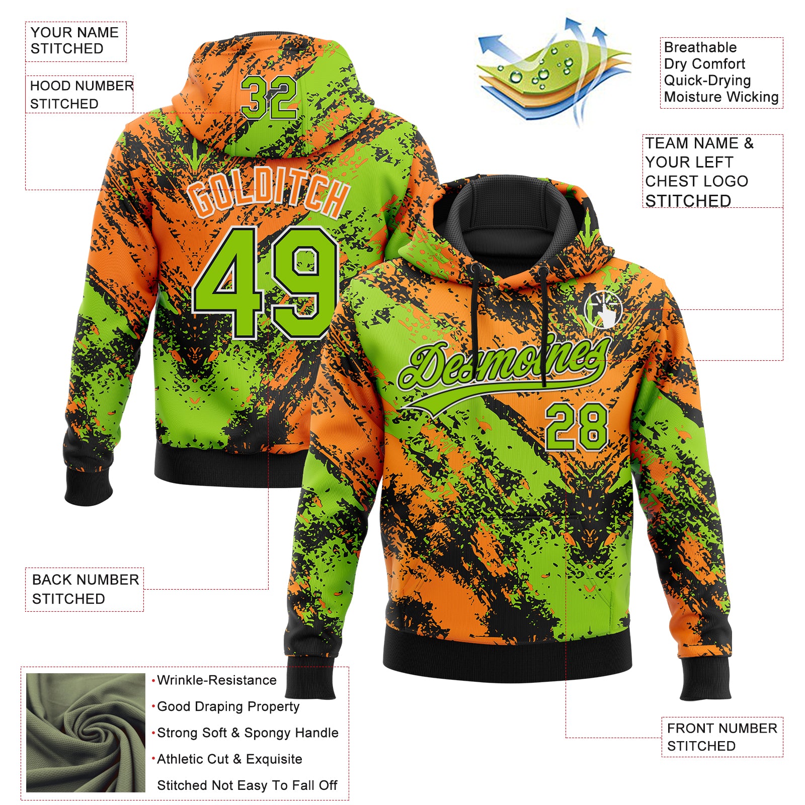 Custom Stitched Black Neon Green Bay Orange-White Abstract Splatter Sports Pullover Sweatshirt Hoodie