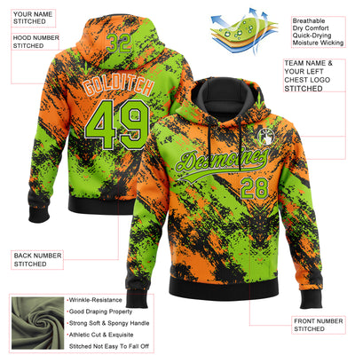 Custom Stitched Black Neon Green Bay Orange-White Abstract Splatter Sports Pullover Sweatshirt Hoodie