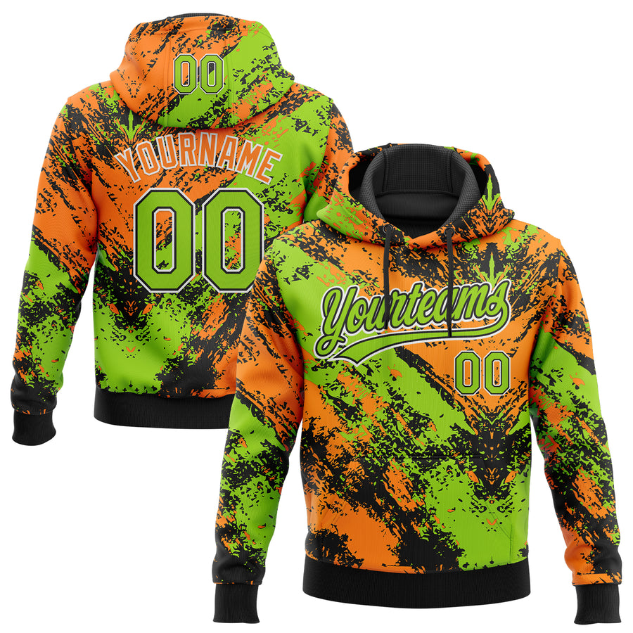 Custom Stitched Black Neon Green Bay Orange-White Abstract Splatter Sports Pullover Sweatshirt Hoodie