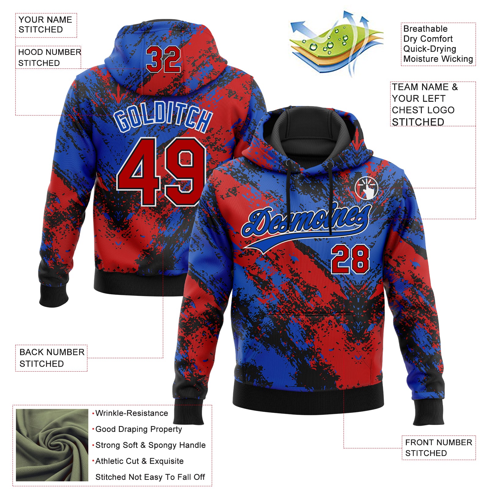 Custom Stitched Black Red Thunder Blue-White Abstract Splatter Sports Pullover Sweatshirt Hoodie