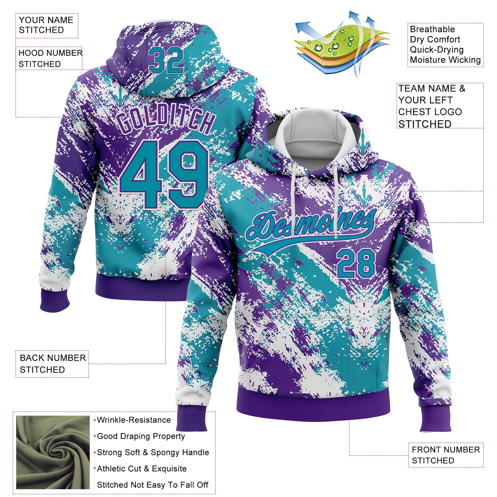 Custom Stitched White Teal Purple-White Abstract Splatter Sports Pullover Sweatshirt Hoodie