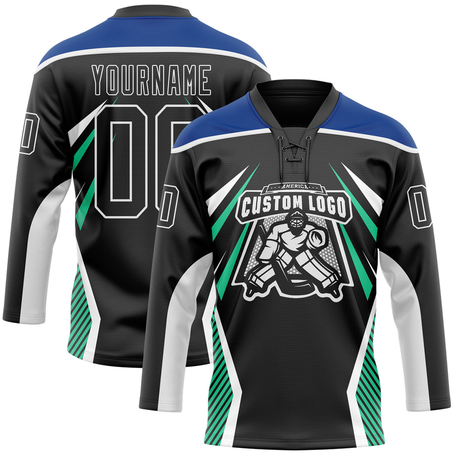 Custom Black Royal Green-White Abstract Pattern Graphic Cyber Mecha E-sport Hockey Lace Neck Jersey