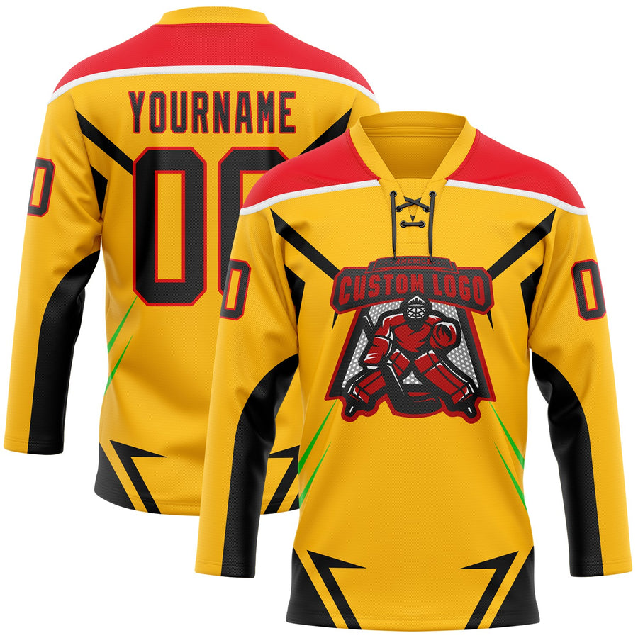 Custom Gold Black Fire Red Green-White Abstract Pattern Graphic Cyber Mecha E-sport Hockey Lace Neck Jersey