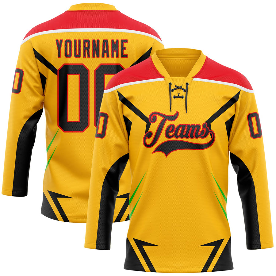 Custom Gold Black Fire Red Green-White Abstract Pattern Graphic Cyber Mecha E-sport Hockey Lace Neck Jersey