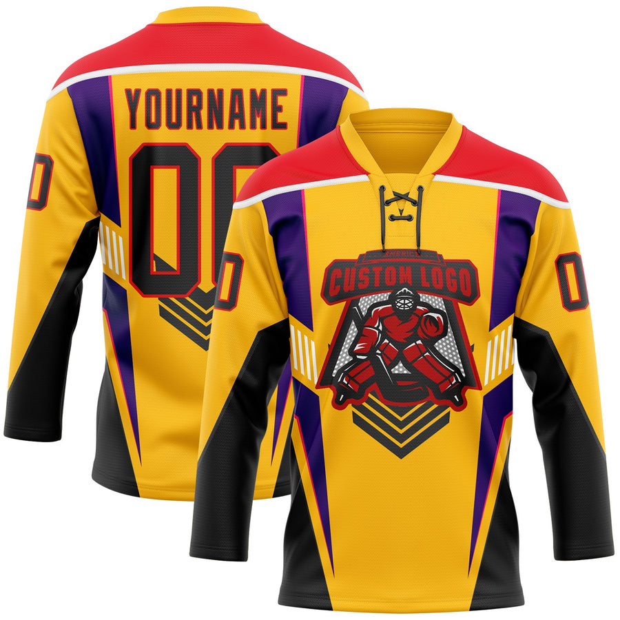 Custom Gold Black Fire Red Purple-White Abstract Pattern Graphic Cyber Mecha E-sport Hockey Lace Neck Jersey